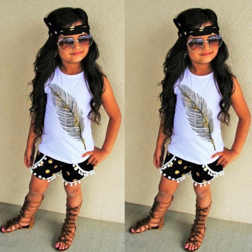 Rosie 3-Piece Feather Top Pom Pom Shorts &HeadBand
